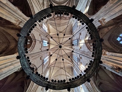 Interior view with view through the Gothic chandelier, Cathedral of St Stephen and St Sixtus,