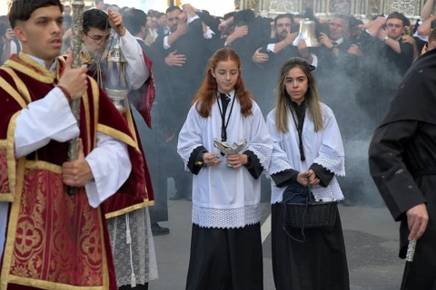 Good Friday procession, altar servers, Malaga, Spain, Europe