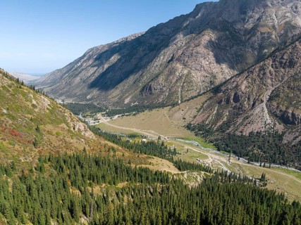 Aerial view, mountain landscape, mountain valley, Jeti-Ögüz, Issyk-Kul region, Kyrgyzstan, Asia
