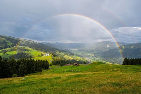 View over the Brixen Valley with rainbow, Hochbrixen, Brixen im Thale, Kitzbühel Alps, Tyrol,