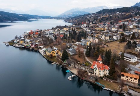 Drone shot, view of the town, Millstatt, Lake Millstatt, Carinthia, Austria, Europe