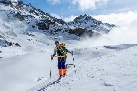 Ski tourers on the Bündner Haute Route, Albula Alps in winter, Rhaetian Alps, Graubünden, Eastern