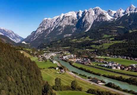 Drone image, settlement area, view of village with church, Pfarrwerfen, Tennengebirge, Salzachtal,
