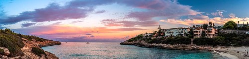Sunset over Cala Mendia, Porto Cristo, Majorca, Spain, Europe