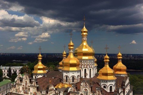View of the Uspensky Cathedral and the monastery complex of the Kiev Cave Monastery, Holy Mary of