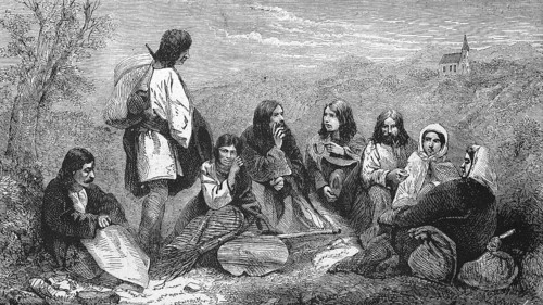 Peasant family in Bohemia in 1869, Historic, digitally restored reproduction of a 19th century
