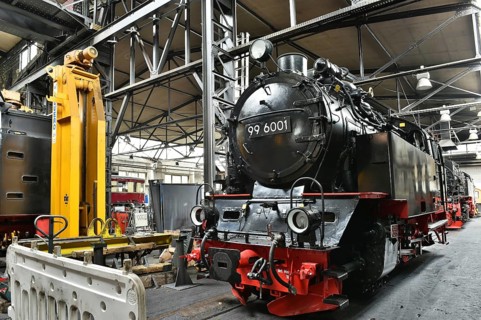 Steam locomotive of the Harz narrow gauge railway for maintenance in the workshop, Wernigerode,