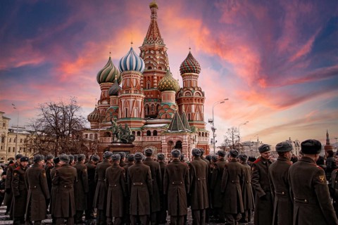 Moscow, Russia, January 2016: an academy of soldiers visiting Red Square in Moscow in a beautiful