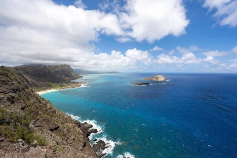 View from Makapu?u Point Lighthouse towards Makapu?u Beach Park, Oahu, Hawaii, USA, North America