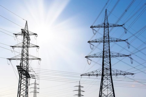 Symbolic image, energy crisis, overhead power lines, sun, Baden-Württemberg