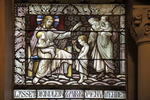 Church window with Christ and children in the Church of the Redeemer, arts and crafts, stained