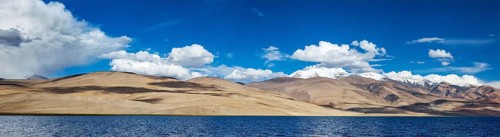Panorama of Himalayan lake Tso Moriri (official name) (Tsomoriri Wetland Conservation Reserve) in