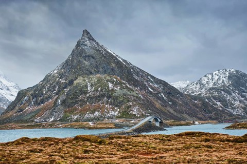 Fredvang Bridges in winter. Lofoten islands, Norway, Europe