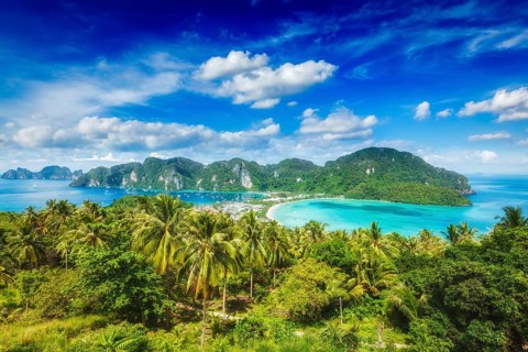 Tropical island with resorts wallpaper, Phi-Phi island, Krabi Province, Thailand, Asia