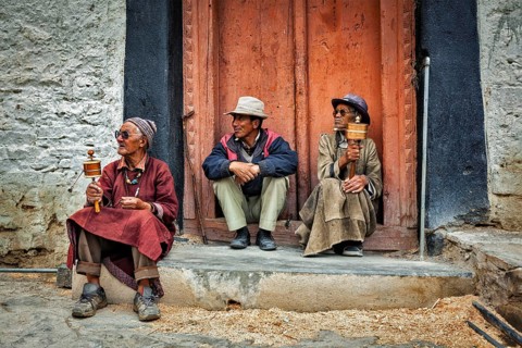 LAMAYURU, INDIA, SEPTEMBER 10, 2011: Tibetan Buddhists in Lamayuru gompa (monastery), Ladakh,