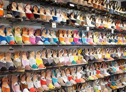 Traditional abarcas in a shop, Fornells, Es Mercadal, Menorca, Balearic Islands, Spain, Europe