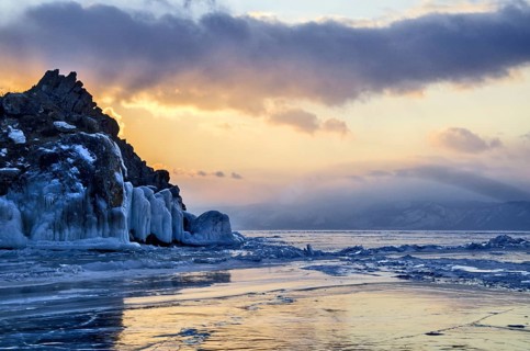 Sunset on ice, Lake Baikal, Olkhon Island, Pribaikalsky National Park, Irkutsk Province, Siberia,