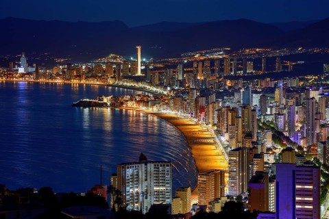 View over Benidorm and the Playa Levante, blue hour, Benidorm, Costa Blanca, Valencia country,