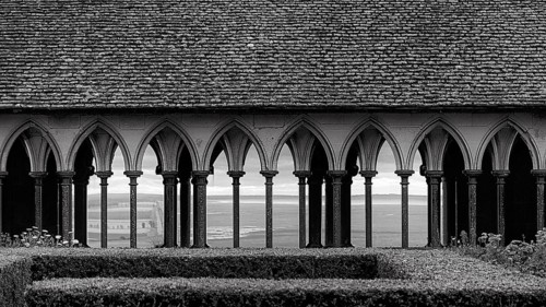 Cloister, Mont Saint Michel, monochrome, Normandy, France, Europe