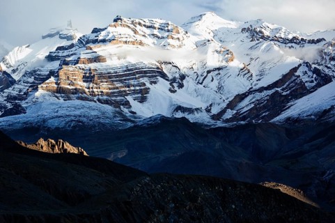 Himalayas snowcapped summit mountains in snow. Near Dhankar, Spiti Valley, Himachal Pradesh, India,