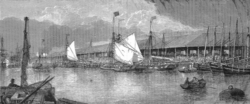 The fish market in the fishing harbour of Yarmouth in 1868, England, Historic, digitally restored