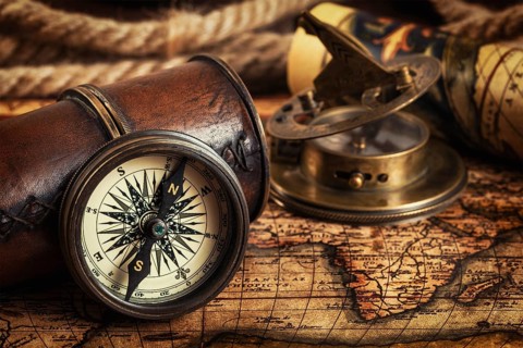 Travel geography navigation concept background, old vintage retro compass with sundial, spyglass