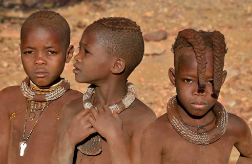 Three Himba girls, portrait, Okongwati, Kaokoland, Kunene, Namibia, Africa