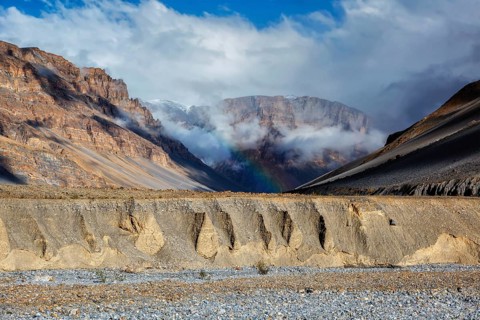 Rainbow in Spiti Valley. Himachal Pradesh, India, Asia