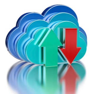 Remote database cloud computing technology storage upload download concept, 3 metal glossy cloud