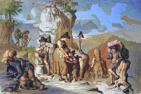 Goods carriers taking a break, on the way on an alpine pass in Tyrol in 1869, Austria, Historic,