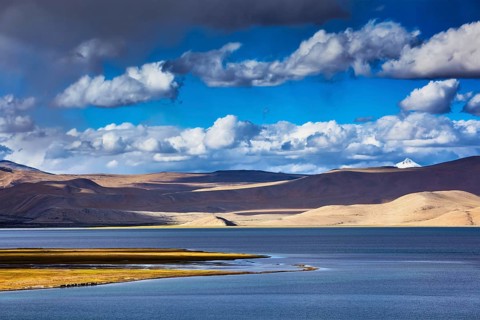Himalayan mountain lake Tso Moriri on sunset, Ladakh