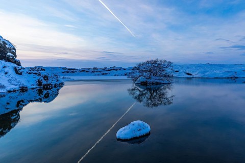 Snow-covered with bushes small island in Lake Myvatn, at blue hour, Kalfaströnd, Northern Iceland