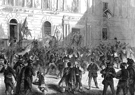 Popular demonstration in front of the Ministry of Public Works, Madrid, 1869, Spain, Historic,