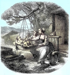 Baby in a cradle on a branch, mother and daughter sitting on a bench rocking the infant, c. 1880,