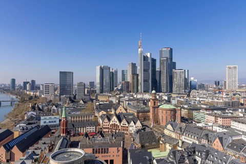 The view from St. Bartholomew's Cathedral takes in Frankfurt city centre and the banking skyline,