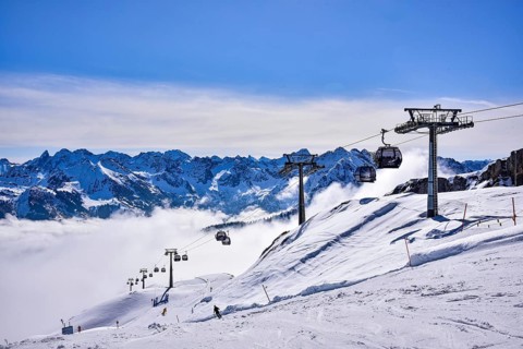 Ski piste in the Hoher Ifen ski area in Kleinwalstertal, in Allgäu, Vorarlberg, Austria, Europe
