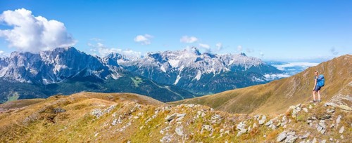 Alpine panorama, hiker on the Carnic High Trail, Carnic main ridge, Carnic Alps, Carinthia,