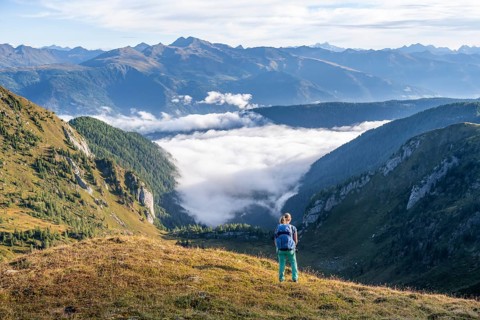 Hiker on the Carnic High Trail, Carnic Main Ridge, Carnic Alps, Carinthia, Austria, Europe