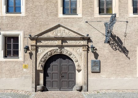Entrance portal of the historic Renaissance town house from 1530, the last post office, Zwickau,