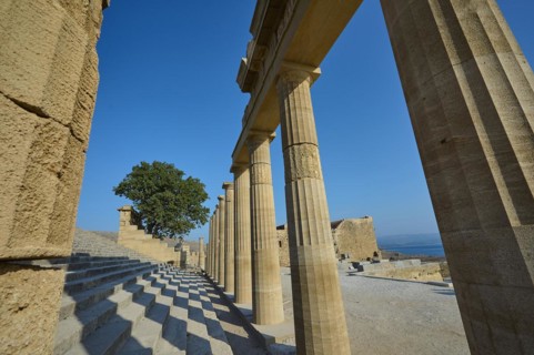 Super wide angle shot, Acropolis of Lindos, morning light, Propylaea with staircase, Lindos,