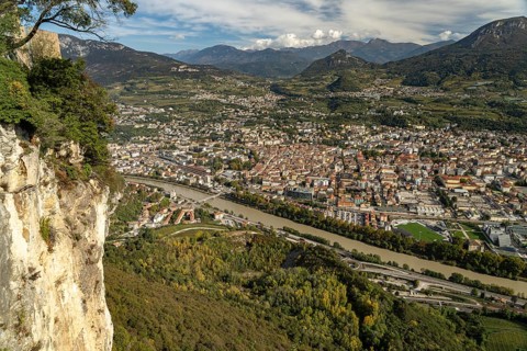 View of Trento and the Trentino mountain landscape from the Sardagna district, Trento, Trentino,