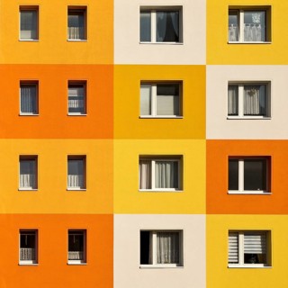 Geometrically and colourfully designed apartment buildings of a housing association, Halberstadt,
