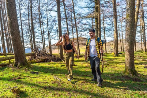 Hikers holding hands and carrying backpacks are walking through a sunny forest in springtime