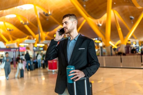 Businessman making a phone call while holding a reusable coffee cup and pulling his luggage at a