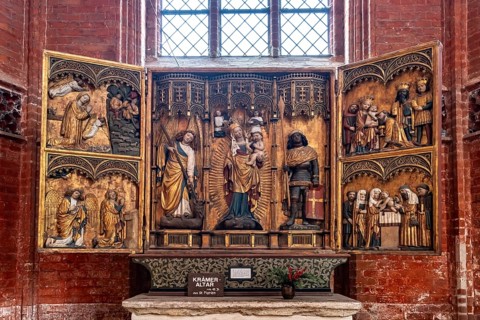 Krämeraltar in the interior of the church of St Nikolai in the Hanseatic city of Wismar,