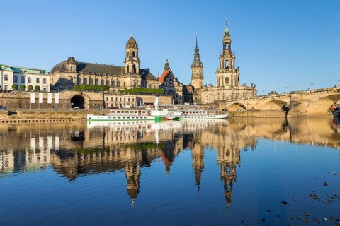 City view with paddle steamer and reflection in the Elbe, Ständehaus, Georgentor, Hausmannsturm,