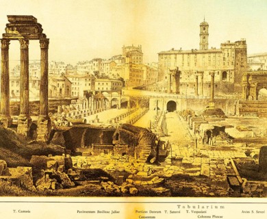 View of ancient Rome from the Roman Forum, ruins, cityscape, columns, houses on the hillside,