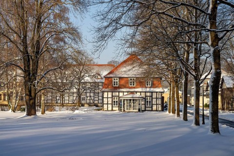The snow-covered Gräflicher Park in Bad Driburg in winter, North Rhine-Westphalia, Germany, Europe