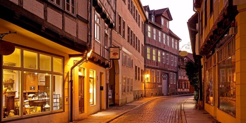 Half-timbered houses in a narrow street with cobblestones, Old Town in the evening, World Heritage