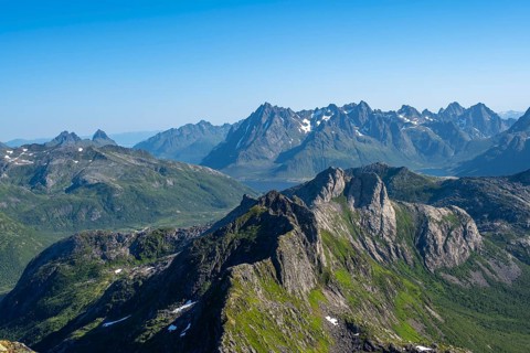 Mountain landscape, view of mountain peaks at the summit of Rundfjellet, Svolvaer, Nordland,